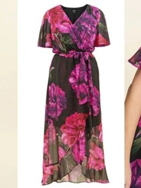 SLNY Black Maxi Dress with Fuchsia Floral Print